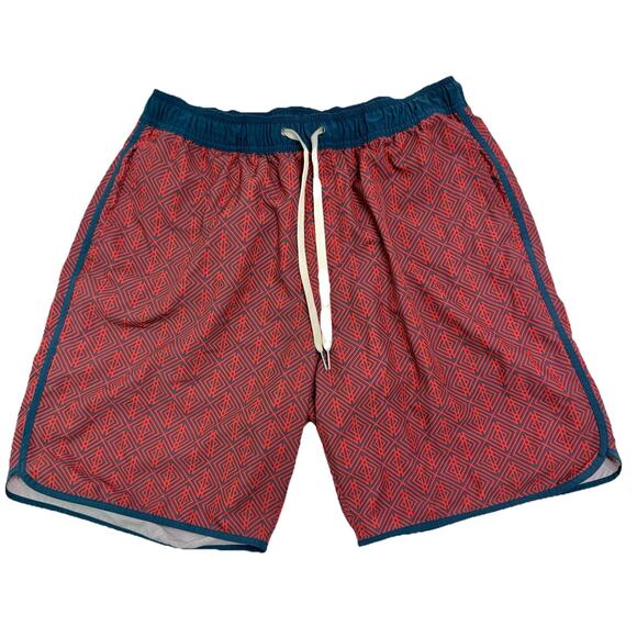 Fair Harbor Swim Shorts Men Size XL Red Geometric Print Trunks Board Suit Lined - Picture 1 of 13